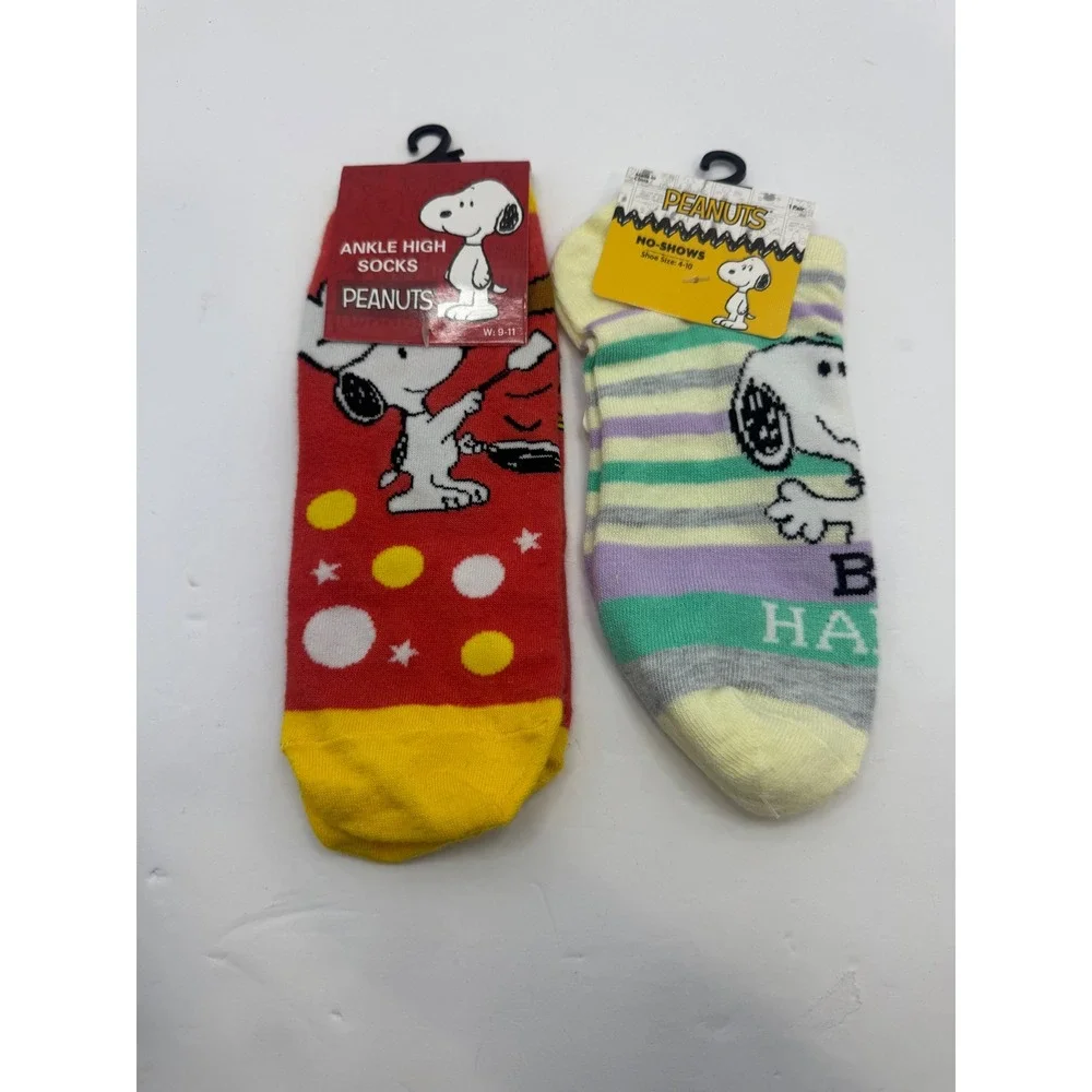 2 Lot Peanuts Snoopy Socks Women 4-11 Multicolor Ankle No Show Striped Polka Dot
